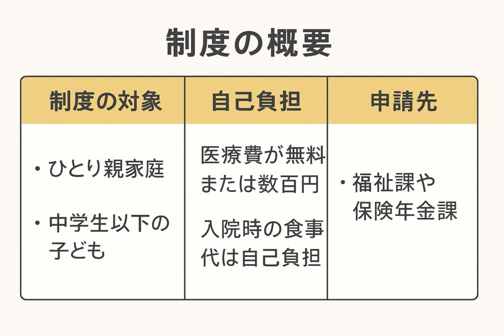 母子家庭向けの医療費支援制度の比較一覧図。助成制度、控除、生活保護などの対象や申請先をわかりやすく整理