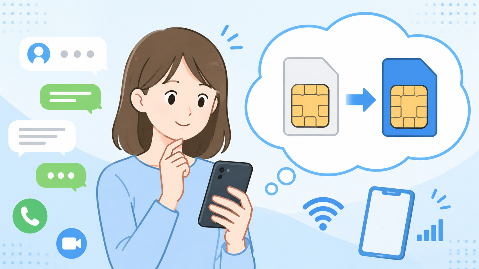 格安SIMへの乗り換え後もチャットや通話アプリを使えるか、スマホを見ながら確認している人物とSIMカード交換のイラスト