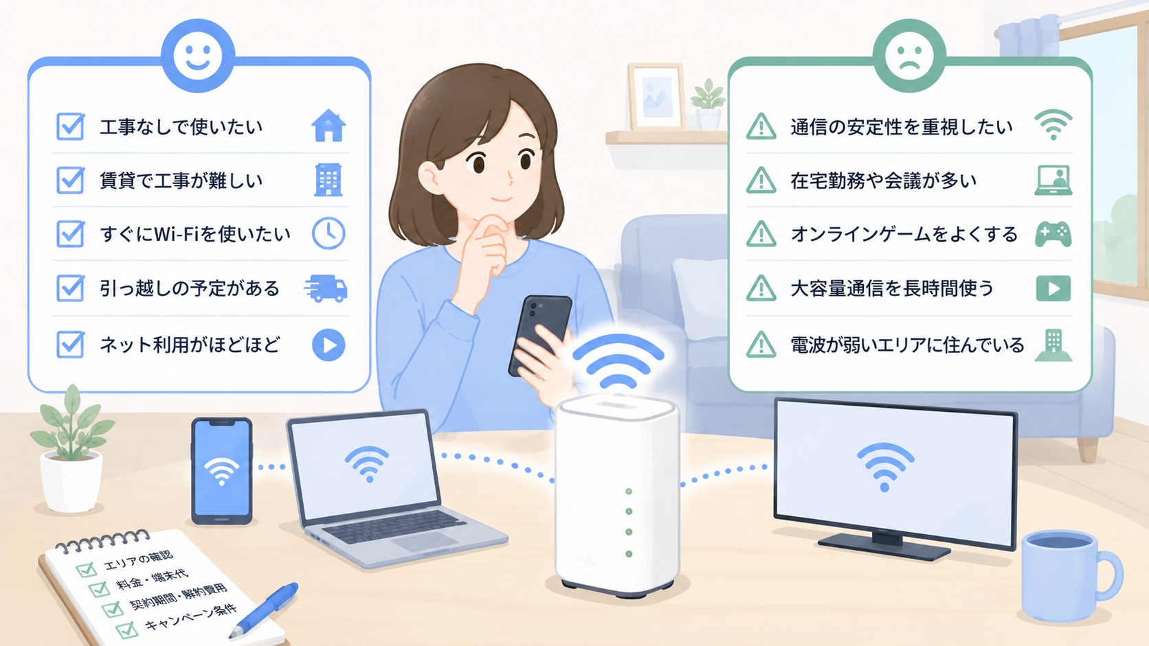 ホームルーターが向いている人と注意したい人の条件を、スマホやノートパソコンと一緒に確認している人物のイラスト